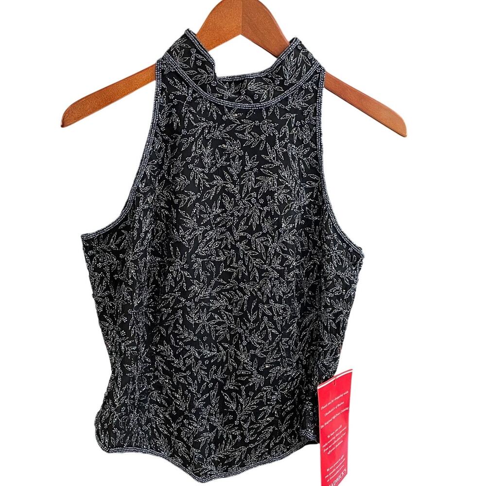 New Vintage Papell Boutique Evening Black Silk Beaded Halter Top, Glam Size M
